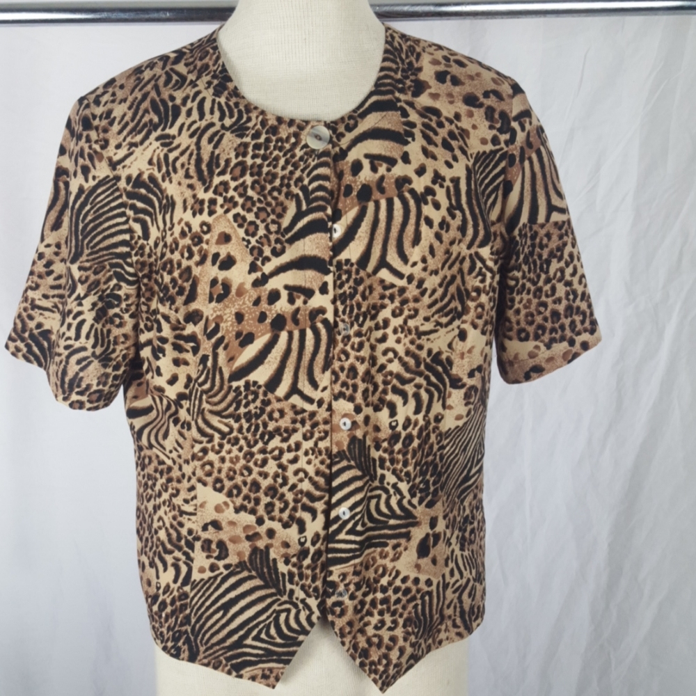 KATHY CHE LEOPARD PRINT BLACK TAN BROWN TOP SZ 14